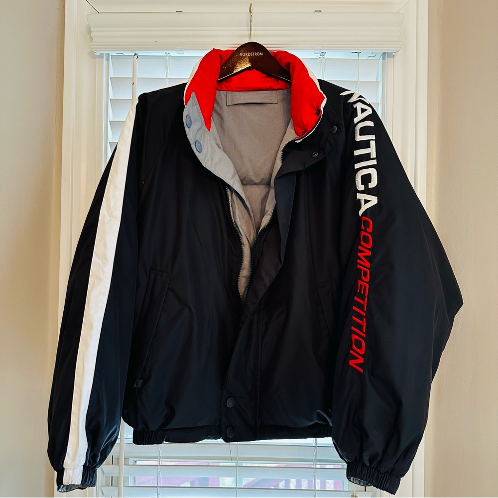 🎀 90’S VINTAGE NAUTICA COMPETITION REVERSIBLE BLACK GRAY DOWN WARM SKI COAT